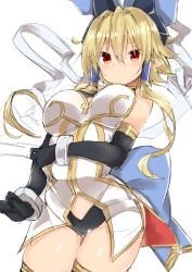 Rule 34 | 1girl, black gloves, blonde hair, breasts, brown eyes, closed mouth, cowboy shot, elbow gloves, gloves, golgi hon, hair between eyes, hair tubes, highres, large breasts, looking at viewer, meryl star, pointy ears, shinrabanshou, short hair with long locks, sidelocks, simple background, solo, sweat, white background