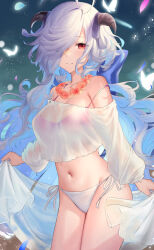 Rule 34 | 1girl, ahoge, bare shoulders, bikini, blue background, blue hair, breasts, bug, butterfly, cleavage, collarbone, commentary, cowboy shot, dress, eitr (fire emblem), facial mark, falling petals, fire emblem, fire emblem heroes, flower, flower necklace, goat horns, grey hair, hair over one eye, haru (nakajou-28), highres, horns, insect, jewelry, large breasts, long hair, looking at viewer, multicolored hair, navel, necklace, nintendo, petals, red eyes, see-through, see-through shirt, side-tie bikini bottom, simple background, single off shoulder, smile, solo, stomach, swimsuit, very long hair, wavy hair, white bikini