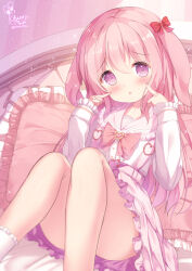 Rule 34 | 1girl, :o, animal ears, blush, bow, chinomaron, commentary request, convenient leg, feet out of frame, frilled pillow, frilled sailor collar, frilled skirt, frilled sleeves, frills, hair between eyes, hair bow, hands up, highres, knees up, long hair, long sleeves, looking at viewer, nail polish, original, parted lips, pillow, pink hair, pink nails, pink sailor collar, pink skirt, purple eyes, rabbit ears, red bow, sailor collar, shirt, signature, skirt, sleeves past wrists, solo, twitter username, very long hair, white shirt