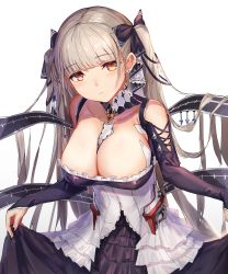 Rule 34 | 1girl, absurdres, azur lane, bare shoulders, between breasts, black dress, blush, breasts, brown eyes, cleavage, dress, earrings, flight deck, formidable (azur lane), frilled dress, frills, grey hair, hair ribbon, highres, jewelry, large breasts, long hair, long sleeves, looking at viewer, manichi, nail polish, ribbon, rigging, simple background, skirt hold, solo, twintails, white background