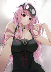 Rule 34 | 1girl, absurdres, black choker, black nightgown, blunt bangs, blush, breasts, choker, earrings, highres, hololive, hololive english, jewelry, large breasts, long hair, mask, mask on head, messy hair, mori calliope, mori calliope (sleepwear), nightgown, official alternate costume, pink hair, red eyes, shafpng, sidelocks, skull earrings, sleep mask, solo, virtual youtuber