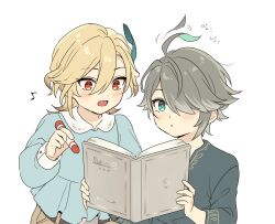 Rule 34 | 2boys, :o, aged down, ahoge, alhaitham (genshin impact), blonde hair, blue shirt, blush, book, child, collared shirt, commentary request, crayon, feather hair ornament, feathers, frilled shirt, frills, genshin impact, green eyes, green hair, green shirt, grey hair, hair between eyes, hair ornament, hair over one eye, hands up, highres, holding, holding book, holding crayon, kaveh (genshin impact), kokotendon, long hair, long sleeves, male focus, multicolored hair, multiple boys, musical note, one eye covered, open book, open mouth, parted bangs, parted lips, shirt, short hair, sidelocks, simple background, swept bangs, white background