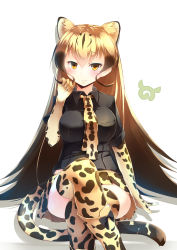 Rule 34 | 10s, 1girl, absurdres, black bow, black shirt, blonde hair, boots, bow, breasts, brown hair, cheetah ears, cheetah print, cheetah tail, collared shirt, commentary, crossed legs, elbow gloves, extra ears, footwear bow, gloves, gradient hair, hand up, highres, japari symbol, kanzakietc, kemono friends, king cheetah (kemono friends), knee boots, long hair, looking at viewer, medium breasts, multicolored hair, necktie, orange eyes, print footwear, print gloves, print necktie, print neckwear, print thighhighs, shirt, short sleeves, simple background, sitting, smile, solo, thighhighs, very long hair, white background
