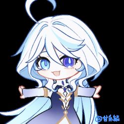 Rule 34 | 1girl, :3, ahoge, animated, animated gif, armlet, blinking, blue dress, blush, chibi, dress, furina (genshin impact), gan le buneng, genshin impact, long hair, looking at viewer, looping animation, lowres, multicolored hair, open mouth, sidelocks, smile, solo, spinning, streaked hair, transparent background, very long hair, white hair