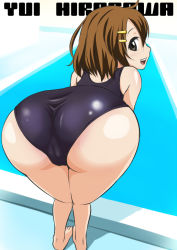 Rule 34 | 1girl, ass, barefoot, bent over, brown hair, cameltoe, foreshortening, hirasawa yui, k-on!, looking back, one-piece swimsuit, smile, solo, swimsuit, taku-tama