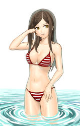 Rule 34 | 1girl, bikini, breasts, brown hair, hand in own hair, k+, large breasts, long hair, original, parted bangs, ripples, solo, striped bikini, striped clothes, swimsuit, wading, water, yellow eyes