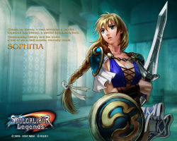 Rule 34 | 1girl, bandai namco, blonde hair, blue eyes, braid, breasts, character name, cleavage, copyright name, covered erect nipples, large breasts, logo, long hair, official art, ribbon, shield, skirt, sophitia alexandra, soul calibur, soulcalibur, soulcalibur ii, soulcalibur legends, sword, weapon