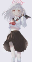 Rule 34 | 1girl, alternate costume, black sailor collar, black skirt, blue archive, blush, closed mouth, commentary request, cropped shirt, demon girl, demon wings, feet out of frame, halo, hand up, haruna (blue archive), highres, long hair, long sleeves, looking at viewer, midriff, pink halo, pleated skirt, puffy long sleeves, puffy sleeves, red eyes, sailor collar, shirt, simple background, single wing, skirt, smile, socks, solo, standing, vennie, white background, white hair, white shirt, white socks, wings