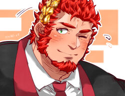 Rule 34 | 1boy, bara, blush, claude (housamo), close-up, coat, collared shirt, commentary request, facial hair, flying sweatdrops, glint, goatee, green eyes, highres, kizami nori to yamaimo, laurel crown, light smile, long sideburns, looking at viewer, male focus, mature male, motion lines, muscular, muscular male, necktie, one eye closed, orange background, outline, red hair, red necktie, shirt, short hair, sideburns, signature, solo, sparkle, thick eyebrows, tokyo houkago summoners, two-tone background, white background, white outline, white shirt