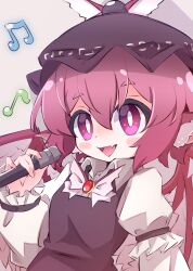 Rule 34 | 1girl, animal ears, beamed eighth notes, bird ears, bird wings, blush stickers, brown dress, brown hat, dress, eighth note, fang, hair between eyes, hat, highres, holding, holding microphone, long sleeves, microphone, mr.turtle head, musical note, mystia lorelei, one-hour drawing challenge, open mouth, pink eyes, pink hair, short hair, skin fang, sleeve garter, smile, solo, touhou, upper body, white wings, winged hat, wings