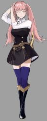 Rule 34 | 1girl, belt, black footwear, blue thighhighs, boots, closed mouth, female focus, fire emblem, fire emblem: three houses, full body, grey background, highres, hilda valentine goneril, knee boots, long hair, matching hair/eyes, nintendo, one eye closed, pink eyes, pink hair, sakuremi, simple background, skindentation, solo, thighhighs, thighhighs under boots, twintails, uniform, zettai ryouiki