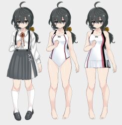 Rule 34 | 1girl, absurdres, ahoge, bare arms, bare legs, bare shoulders, barefoot, black eyes, black footwear, black hair, bow, breasts, brown bow, collarbone, collared shirt, commentary request, doroame (ameyu), dress shirt, grey skirt, hair between eyes, hair bow, hand up, highres, kneehighs, loafers, long hair, long sleeves, looking at viewer, low ponytail, multiple views, one-piece swimsuit, original, pigeon-toed, pleated skirt, ponytail, puffy long sleeves, puffy sleeves, shirt, shoes, skirt, small breasts, socks, suspender skirt, suspenders, swimsuit, white one-piece swimsuit, white shirt, white socks
