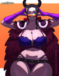 Rule 34 | 1girl, armor, ass, bikini, bikini armor, black hair, boots, breasts, cape, elbow gloves, fur trim, gloves, horns, kameseru, large breasts, long hair, looking at viewer, nico robin, one piece, panties, ponytail, purple eyes, revealing clothes, shiny skin, smile, solo, standing, swimsuit, thick thighs, thigh boots, thighhighs, thighs, thong, underwear, wide hips