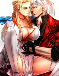 Rule 34 | 1boy, 1girl, blonde hair, blue eyes, breasts, capcom, choker, cleavage, cleavage cutout, clothing cutout, coat, collarbone, couple, dante (devil may cry), devil may cry, devil may cry (series), devil may cry 4, eye contact, fingerless gloves, gloria (devil may cry), gloves, grey eyes, hand on thigh, large breasts, lips, long hair, looking at another, nagare, spread legs, thighhighs, trench coat, trish (devil may cry), white hair