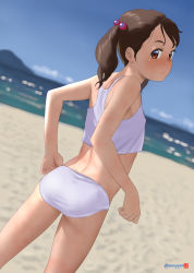 Rule 34 | 1girl, ass, beach, blue sky, blurry, blurry background, breasts, brown eyes, brown hair, camisole, cloud, commentary request, cowboy shot, day, dutch angle, female focus, from behind, hair bobbles, hair ornament, highres, lifted by self, long hair, looking at viewer, looking back, midriff, mu-pyon, original, outdoors, panties, sky, small breasts, solo, standing, twintails, underwear, underwear only, white camisole