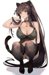 Rule 34 | 1girl, animal ears, black thighhighs, blunt sidelocks, breasts, brown eyes, brown hair, cat ears, cat tail, commentary request, fake animal ears, fake tail, hair intakes, high ponytail, highres, kantai collection, kasumi (skchkko), large breasts, long hair, shadow, simple background, solo, spaghetti strap, squatting, tail, thighhighs, tongue, tongue out, very long hair, white background, yamato (kancolle)