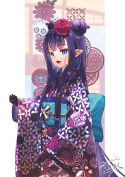 Rule 34 | 1girl, :3, :d, absurdres, black gloves, blue eyes, clenched hand, commentary request, double bun, fang, flower, gloves, hair behind ear, hair bun, hair flower, hair ornament, highres, hololive, hololive english, japanese clothes, kimono, long hair, long sleeves, looking at viewer, mole, mole under eye, ninomae ina&#039;nis, ninomae ina&#039;nis (new year), obi, open mouth, pink flower, pointy ears, print kimono, purple hair, purple kimono, sash, shiina rei, signature, smile, solo, standing, virtual youtuber
