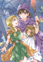 1boy 1girl artist_name bianca_(dq5) blonde_hair blue_eyes bracer braid breasts brown_eyes brown_hair buckler candle cape cloak closed_mouth cowboy_shot dragon_quest dragon_quest_v earrings ghost green_tunic hair_over_shoulder hero_(dq5) highres holding holding_shield holding_torch indoors isa_(chiyo-s) jewelry looking_at_another low_ponytail medium_breasts open_mouth orange_cape purple_bandana purple_cloak shield silver_choker single_braid smile torch tunic white_tunic