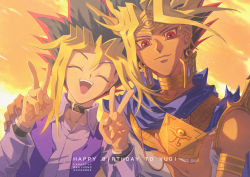 Rule 34 | 2boys, :3, :d, ^ ^, absurdres, atem, black hair, blonde hair, brown collar, buckle, closed eyes, closed mouth, collar, double v, dress shirt, earrings, hair intakes, hand on another&#039;s shoulder, highres, jewelry, long hair, looking at viewer, millennium puzzle, multicolored hair, multiple boys, muto yugi, open clothes, open mouth, open vest, orange sky, pink shirt, purple shirt, purple vest, red eyes, red hair, shirt, sky, smile, spiked hair, tsubasa9638, v, vest, yu-gi-oh!, yu-gi-oh! duel monsters