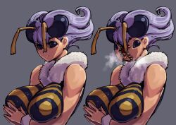 Rule 34 | antennae, arthropod girl, bee girl, black eyes, breasts, breath, fur trim, horror (theme), insect girl, large breasts, monster girl, own hands together, palms together, purple hair, q-bee, sashizume soutarou, split head, teeth, vampire (game)