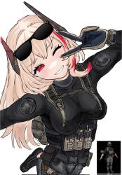 Rule 34 | 1girl, backpack, bag, black eyeliner, black shirt, blonde hair, blush, body armor, breasts, chest rig, corrupted twitter file, eyelashes, eyeliner, eyewear on head, girls&#039; frontline, gloves, hair between eyes, headgear, highres, large breasts, long hair, long sleeves, looking at viewer, m4 sopmod ii (girls&#039; frontline), magazine (weapon), makeup, military, multicolored hair, one eye closed, open mouth, pink hair, puffypau26, red eyes, red hair, shirt, simple background, smile, solo, streaked hair, sunglasses, tight clothes, tight shirt, turtleneck, v, white background