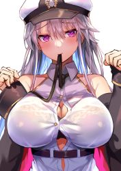Rule 34 | 1girl, azur lane, bare shoulders, black bra, black necktie, blush, bra, bra visible through clothes, breasts, cleavage, commentary request, denchu (kazudentyu), enterprise (azur lane), hair between eyes, hat, highres, large breasts, long hair, looking at viewer, mouth hold, necktie, necktie in mouth, peaked cap, purple eyes, see-through, shirt, silver hair, simple background, sleeveless, sleeveless shirt, solo, underwear, white background, white hat, white shirt