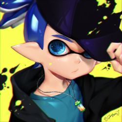 Rule 34 | 1boy, blue eyes, blue hair, hat, ink tank (splatoon), inkling, inkling boy, inkling player character, lma, looking at viewer, mask, nintendo, paint splatter, pointy ears, signature, simple background, upper body, yellow background