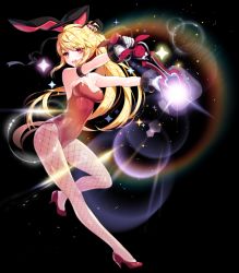Rule 34 | 1girl, animal ears, arm strap, bare shoulders, black background, blonde hair, breasts, cherrypin, cleavage, covered navel, detached collar, elesis (elsword), elsword, fake animal ears, fishnet pantyhose, fishnets, full body, gloves, glowing, hair ribbon, hat, high heels, leg up, lens flare, leotard, long hair, open mouth, pantyhose, pink eyes, playboy bunny, ponytail, rabbit ears, ribbon, simple background, smile, solo, sparkle, top hat, very long hair, weapon, white gloves