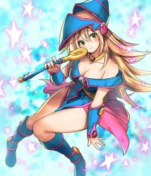 Rule 34 | 1girl, blonde hair, blue dress, blue footwear, blue hat, blush, boots, breasts, choker, cleavage, closed mouth, dark magician girl, dress, duel monster, foot out of frame, green eyes, hat, holding, holding wand, holding weapon, large breasts, long hair, looking at viewer, off shoulder, pentacle, pink skirt, sassa (cb), skirt, smile, solo, wand, weapon, wizard hat, yu-gi-oh!
