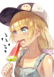 Rule 34 | 1girl, baseball cap, blonde hair, blush, brat (brabrabrat00), collarbone, food, hat, heart, heart-shaped pupils, highres, licking, long hair, looking away, open mouth, original, overalls, popsicle, smile, solo, symbol-shaped pupils, tongue, tongue out, upper body, watermelon bar