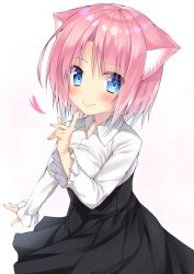 Rule 34 | 1girl, absurdres, animal ears, blue eyes, blush, cat ears, commentary request, go-1, heart, highres, looking at viewer, original, pink hair, pleated skirt, school uniform, short hair, simple background, skirt, smile, solo, white background
