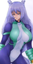 Rule 34 | 1girl, absurdres, blue eyes, bodysuit, boku no hero academia, breasts, bright pupils, collarbone, covered collarbone, covered navel, drill hair, hadou nejire, highres, large breasts, long hair, nsfwbakasenpai, parted bangs, simple background, solo, teeth, thighs, very long hair, white background, white pupils
