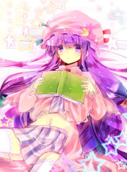 Rule 34 | 1girl, adapted costume, bad id, bad pixiv id, book, capelet, crescent, female focus, hair ribbon, hat, highres, hime cut, long hair, lying, midriff, outlaw, patchouli knowledge, purple eyes, purple hair, ribbon, skirt, solo, striped, thighhighs, touhou, unabara misumi, very long hair, white thighhighs