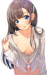 Rule 34 | 1girl, absurdres, blue eyes, blunt bangs, breasts, brown hair, collared shirt, commentary request, cowboy shot, downblouse, earrings, hair ornament, hairclip, highres, jewelry, joey koguma, leaning forward, long hair, long sleeves, looking at viewer, medium breasts, navel, no bra, no pants, open clothes, open mouth, open shirt, original, panties, shirt, simple background, solo, unbuttoned, unbuttoned shirt, underwear, white background, white panties
