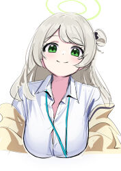 Rule 34 | 1girl, blue archive, blush, breasts, button gap, cleavage, closed mouth, collared shirt, deadnooodles, green eyes, green halo, grey hair, hair bun, halo, highres, lanyard, large breasts, long hair, looking at viewer, nonomi (blue archive), shirt, single hair bun, sketch, smile, solo, upper body, white shirt