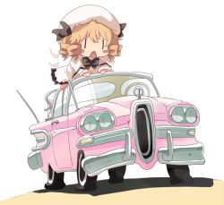 Rule 34 | 1girl, black bow, black bowtie, blush stickers, bow, bowtie, car, chibi, detached wings, dress, drill hair, edsel, edsel pacer, flat tire, hair between eyes, hat, long hair, long sleeves, luna child, motor vehicle, on vehicle, open mouth, quad drills, ripu (lipi), simple background, solo, touhou, vehicle focus, white background, white dress, white hat, wings, | |