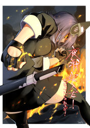 Rule 34 | 1girl, 2014, black gloves, black jacket, black skirt, black thighhighs, breasts, chagen kokimu, clenched hands, fingerless gloves, fire, gloves, grin, headgear, highres, jacket, kantai collection, large breasts, looking at viewer, pleated skirt, profile, purple hair, sharp teeth, sheath, sheathed, skirt, smile, smoke, solo, sword, teeth, tenryuu (kancolle), thighhighs, translation request, weapon