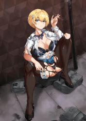 Rule 34 | 1girl, ass, belt, black footwear, black jacket, black pantyhose, blonde hair, blue belt, blue bra, blue eyes, blue panties, blue ribbon, blue skirt, bra, breasts, cigarette, cleavage, closed mouth, collarbone, collared shirt, commentary, english commentary, full body, girls&#039; frontline, groin, hair between eyes, hair ornament, high heels, highres, holding, holding cigarette, id card, jacket, large breasts, long sleeves, looking at viewer, mole, mole under eye, navel, neck ribbon, panties, pantyhose, pouch, ribbon, shadow, shirt, shirt tucked in, short hair, sidelocks, sitting, skirt, smoking, snowflake hair ornament, solo, stomach, striped ribbon, sweat, torn clothes, torn pantyhose, torn shirt, torn skirt, underwear, velminth, vsk-94 (girls&#039; frontline), wall, white shirt