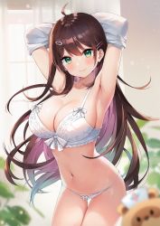 Rule 34 | 1girl, ahoge, armpits, arms behind head, arms up, ayamy, bare shoulders, bra, breasts, brown hair, cleavage, cowboy shot, fang, green eyes, hair ornament, hairclip, hanamori healthy, highres, large breasts, lingerie, long hair, looking at viewer, melty+, navel, panties, shirt, skin fang, smile, solo, stomach, string bra, string panties, thigh gap, thighs, underwear, underwear only, undressing, very long hair, virtual youtuber, white bra, white panties, white shirt