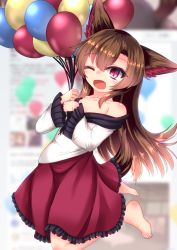 Rule 34 | 1girl, animal ears, areola slip, balloon, bare shoulders, brown hair, dress, flat chest, floating, frilled dress, frilled sleeves, frills, hair between eyes, happy birthday, highres, holding, holding balloon, imaizumi kagerou, karasuma amiru, long hair, long sleeves, maroon dress, maroon eyes, off shoulder, one eye closed, photo background, red pupils, shiny skin, slit pupils, solo, toes, touhou, very long hair, wolf ears