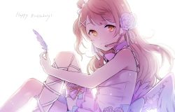 Rule 34 | 10s, 1girl, ankle lace-up, birthday, bow, brown eyes, brown hair, collar, cross-laced footwear, feathered wings, feathers, flower, from side, hair bow, hair flower, hair ornament, hair ribbon, happy birthday, headset, holding, light brown hair, long hair, love live!, love live! school idol festival, love live! school idol project, minami kotori, one side up, ribbon, side ponytail, sitting, sleeveless, smile, solo, thigh strap, tiny (tini3030), white background, wings, x hair ornament, yellow eyes