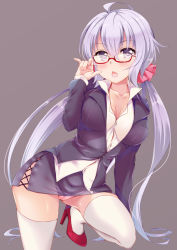 Rule 34 | 1girl, arm support, black jacket, black skirt, blush, breasts, cameltoe, chestnut mouth, cleavage, cleft of venus, collarbone, commentary request, dress shirt, fingernails, glasses, hair between eyes, hair ribbon, hand up, high heels, highres, jacket, ko yu, large breasts, long hair, long sleeves, looking at viewer, low twintails, medium breasts, on one knee, open mouth, panties, pencil skirt, pink panties, pink ribbon, purple eyes, purple hair, red-framed eyewear, red footwear, ribbon, semi-rimless eyewear, senki zesshou symphogear, shirt, sidelocks, skirt, solo, thighhighs, twintails, under-rim eyewear, underwear, very long hair, white shirt, white thighhighs, yukine chris