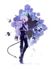 Rule 34 | 1boy, add (elsword), animal hood, black pants, black shirt, boots, cropped jacket, elsword, flask, full body, gloves, grin, hand on own face, highres, hood, hoodie, hwansang, knee boots, male focus, official art, pants, purple eyes, shirt, smile, solo, standing, time tracer (elsword), transparent background, white hair