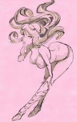 Rule 34 | 1girl, animal print, arched back, back, bent over, bikini, breasts, cleavage, collarbone, cone horns, dimples of venus, finger to mouth, fujii eishun, graphite (medium), hand on own leg, highres, horns, index finger raised, large breasts, leaning over, lips, long hair, long legs, looking at viewer, lum, monochrome, oni, pink background, print bikini, print footwear, shushing, sidelocks, sketch, solo, strapless, strapless bikini, swimsuit, thighs, tiger print, traditional media, unfinished, urusei yatsura, very long hair