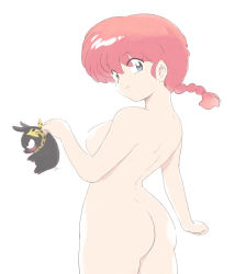 Rule 34 | 1girl, animal, ass, back, blue eyes, braid, breasts, closed mouth, cowboy shot, from behind, gender request, genderswap, hibiki ryouga, holding, kj (k777), legs, light smile, looking back, medium breasts, nude, p-chan, pig, ranma-chan, ranma 1/2, red hair, saotome ranma, sideboob, simple background, single braid, smile, standing, thighs, white background