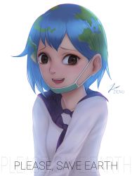 Rule 34 | 1girl, artist name, blue hair, brown eyes, earth-chan, english text, green hair, highres, looking at viewer, mouth mask, multicolored hair, neckerchief, open mouth, original, school uniform, serafuku, short hair, signature, smile, solo, surgical mask, tears, upper body, zienu