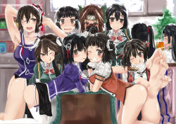 Rule 34 | &gt;;d, 10s, 6+girls, :d, ;), ;d, absurdres, ahoge, alcohol, alternate legwear, arm support, armpits, arms up, ashigara (kancolle), ass, backlighting, bad anatomy, barefoot, beer, beer mug, bent over, black gloves, black hair, black wings, blush, bottomless, bow, bowtie, breasts, brown eyes, brown hair, chikuma (kancolle), collarbone, covering face, creator connection, cup, d;, day, double bun, drunk, embarrassed, fang, feet, food, garter straps, gloves, grin, haguro (kancolle), hair bun, hair ornament, hair ribbon, hair scrunchie, hairband, hand on own cheek, hand on own face, head tilt, highres, indoors, jintsuu (kancolle), kantai collection, kitchen, legs up, long hair, looking at viewer, medium breasts, mug, multiple girls, myoukou (kancolle), nachi (kancolle), naka (kancolle), nodokana yuki, official style, one eye closed, open mouth, outstretched arm, pocky, pocky kiss, profile, red bow, red bowtie, remodel (kantai collection), ribbon, scrunchie, sendai (kancolle), shared food, shiny skin, short hair, short twintails, shouhou (kancolle), side ponytail, smile, soles, sparkling eyes, table, teeth, thighhighs, toe scrunch, toes, tone (kancolle), twintails, v-shaped eyebrows, white legwear, wings, yuri