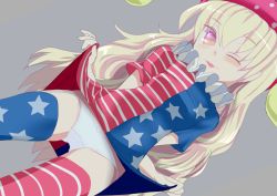 Rule 34 | 1girl, alternate legwear, american flag dress, american flag legwear, blonde hair, blush, clothes lift, clownpiece, dress, dress lift, dutch angle, grey background, hat, image sample, ishikkoro, jester cap, long hair, looking at viewer, looking down, one eye closed, open mouth, panties, print thighhighs, red eyes, shirt, shirt lift, short sleeves, simple background, smile, solo, star (symbol), striped, thighhighs, touhou, underwear, white panties