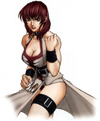 Rule 34 | 1girl, bare shoulders, belt, belt buckle, blue eyes, breasts, buckle, choker, cleavage, clenched hand, collarbone, determined, dress, facing viewer, female focus, fighting stance, gensou suikoden, gensou suikoden ii, hand up, large breasts, leg strap, looking at viewer, martial arts, medium hair, official art, oulan (suikoden), parted lips, red hair, serious, simple background, solo, standing, teeth, thigh strap, white background, wristband