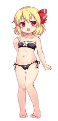 Rule 34 | 1girl, baku-p, bandeau, bare shoulders, barefoot, bikini, black bikini, blonde hair, breasts, collarbone, commentary request, fang, full body, gluteal fold, hair between eyes, hand on own chest, highres, legs, navel, open mouth, red eyes, ribbon, rumia, short hair, side-tie bikini bottom, simple background, small breasts, smile, solo, standing, stomach, strapless, strapless bikini, swimsuit, thigh gap, thighs, touhou, tube top, white background